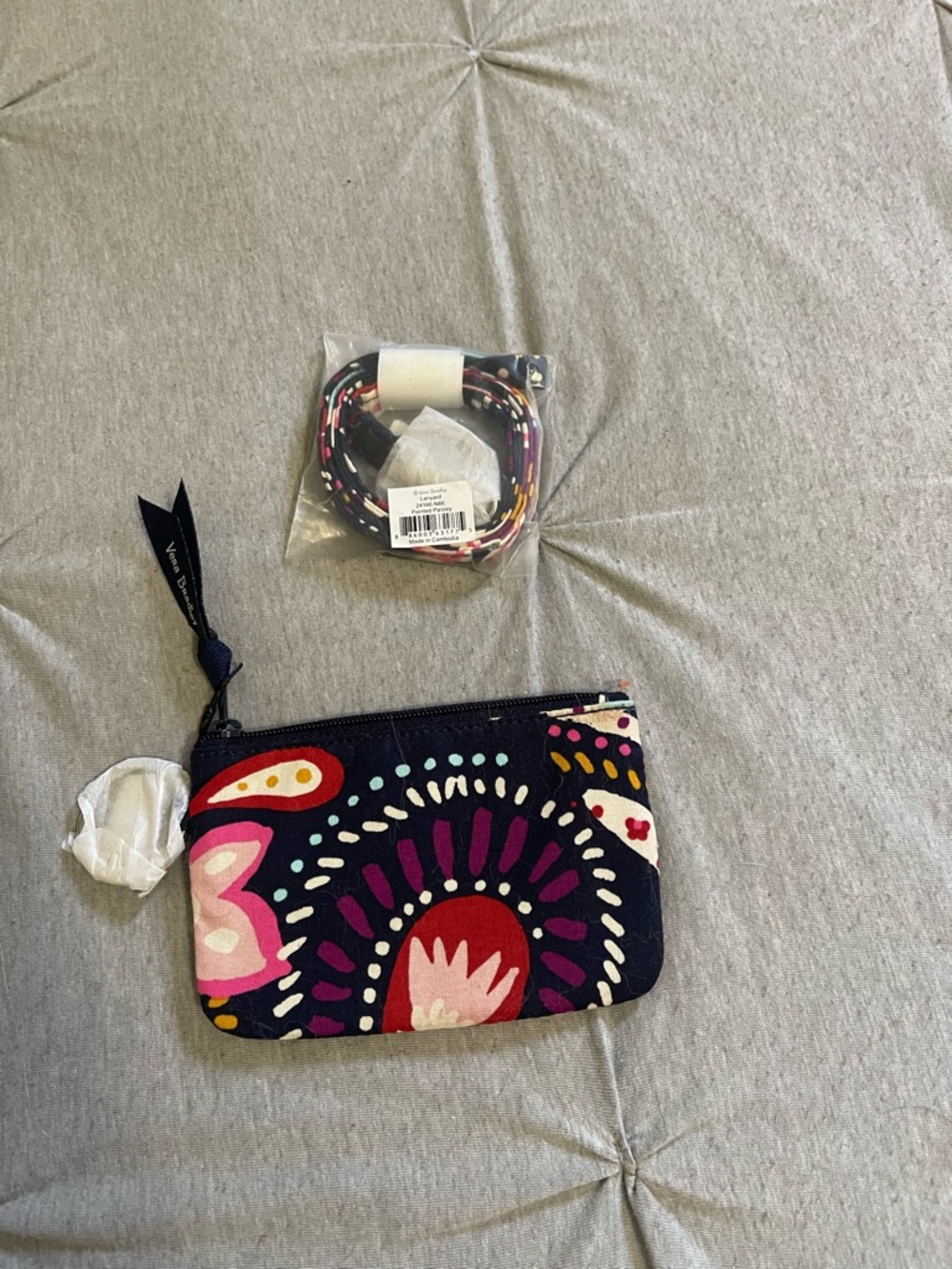 Vera Bradley Navy Zip Card Holder with lanyard, Red and Purple Floral